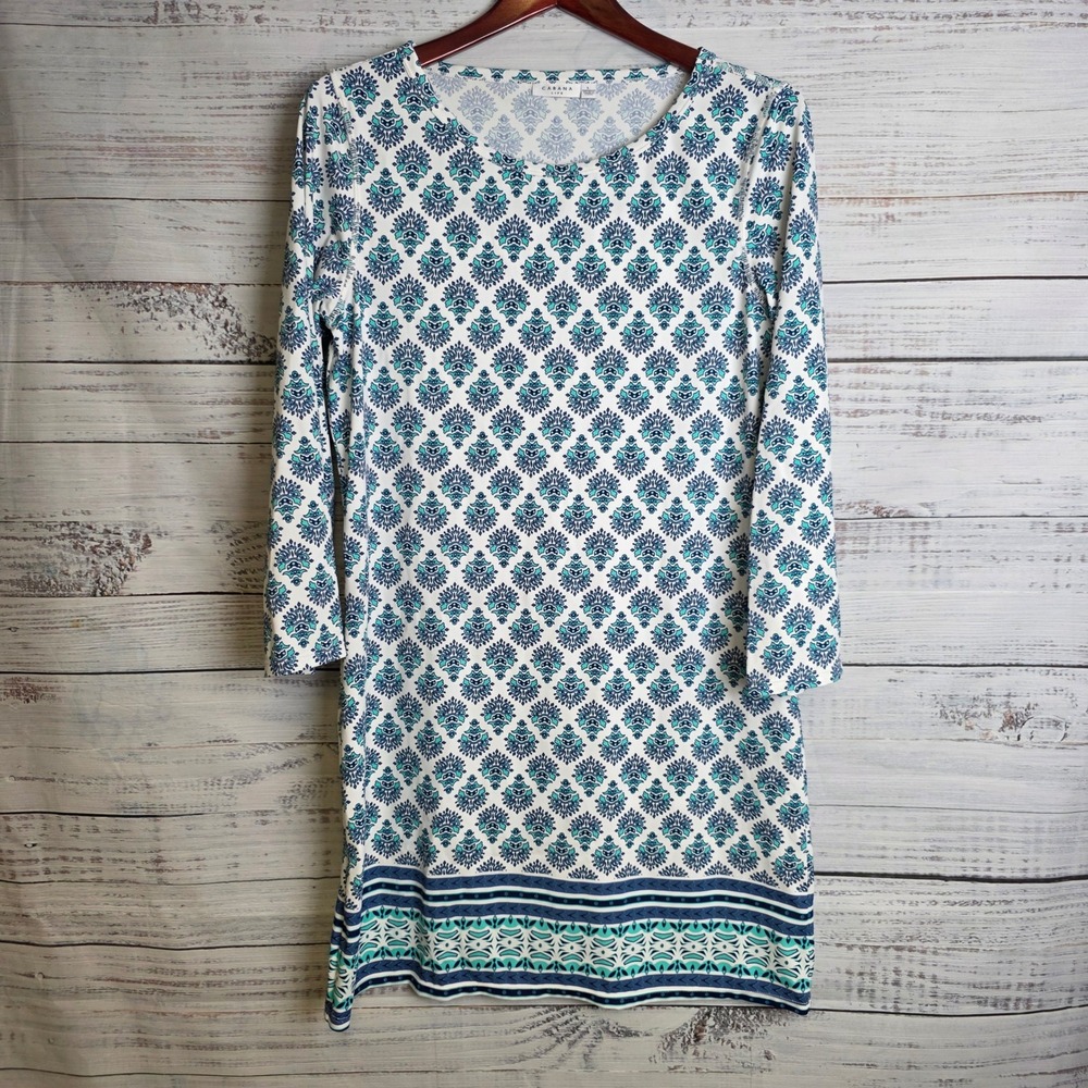 Cabana Life Womens Amalfi Coast Teal Blue Medallion 3/4 Sleeve Shift Dress Large